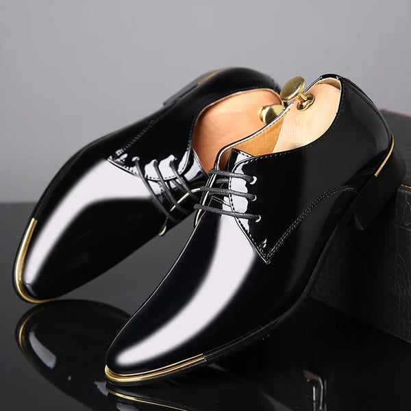 Elegant Oxford Dress Shoes for Men - Luxurious Patent Leather Formal Footwear for Weddings and Office Events, Sizes 38-48, Soft Rubber Outsole and Pointed Toe Design